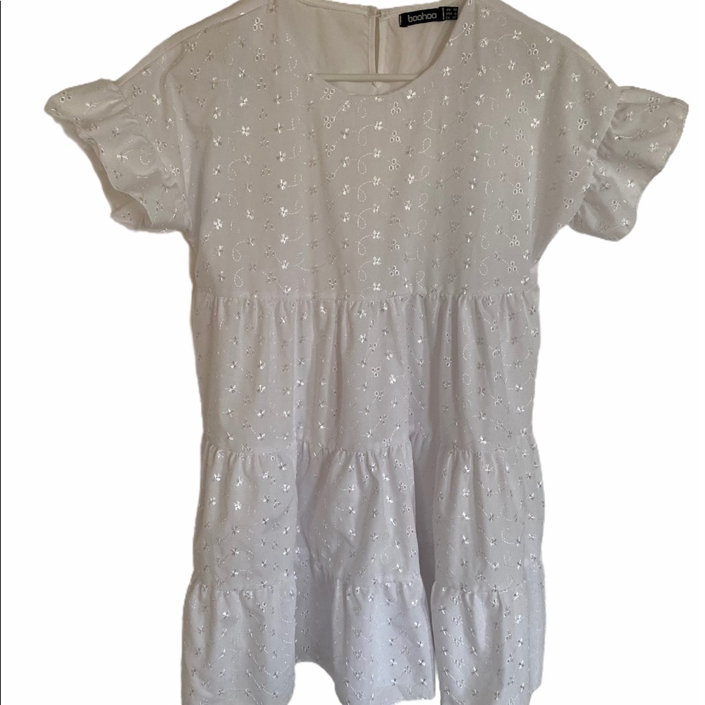 White Boohoo Tiered Babydoll Dress